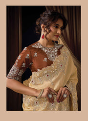 Cream Color Jacquard Silk Traditional Saree with Embroidered, Pearls and Sequins Work